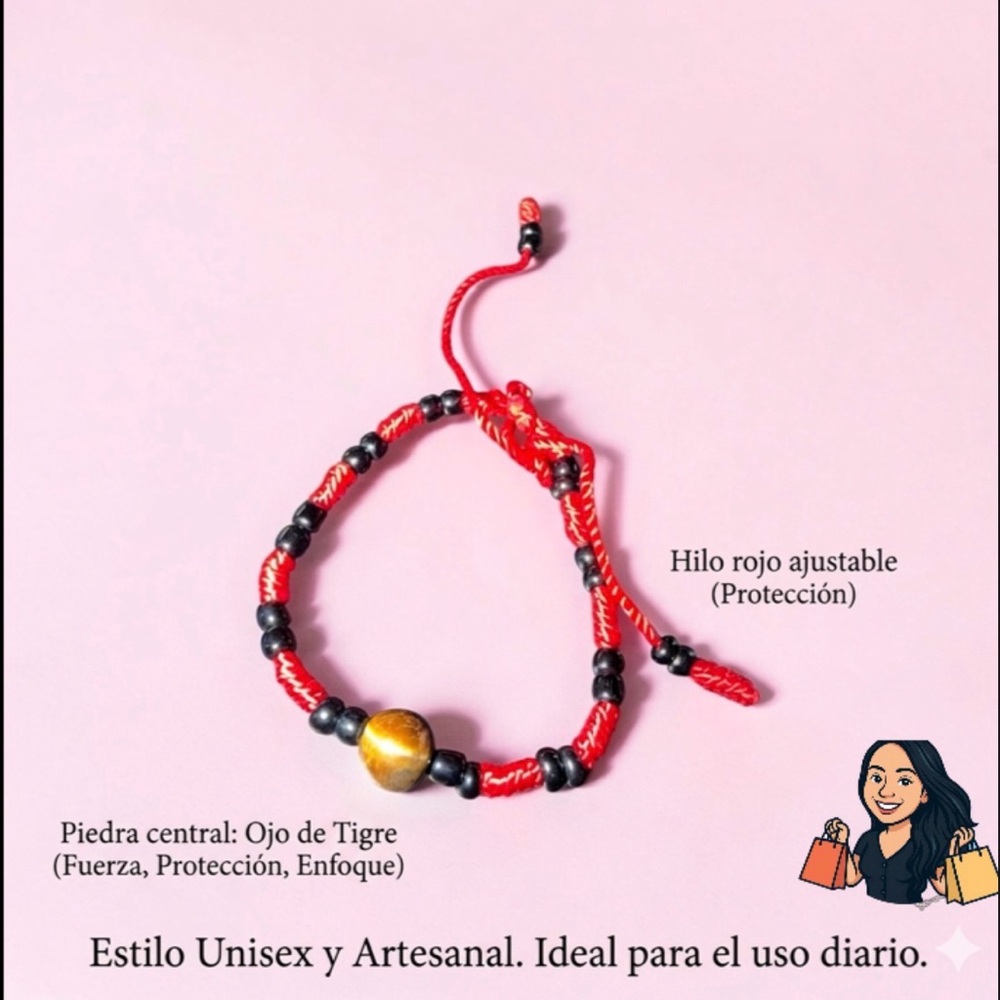 Red Beaded Adjustable Bracelet with Tiger Eye